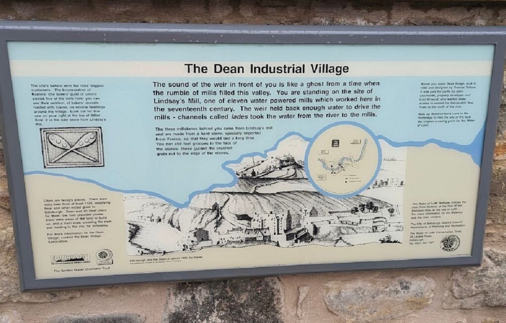 Et blått og hvitt informasjonsskilt med tittelen "The Dean Industrial Village" som forklarer historien til Lindsay's Mill og de elleve vannmøllene i området.