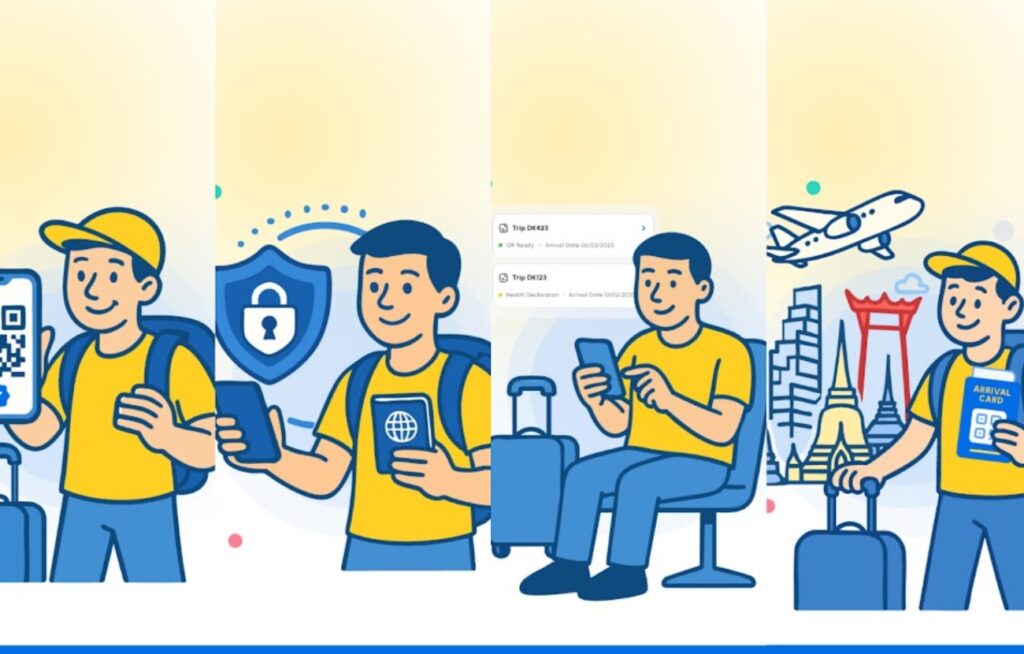 Illustrasjon av en reisende som bruker THIM-appen på mobilen for å registrere Thailand Digital Arrival Card (TDAC) med QR-kode, pass og koffert.