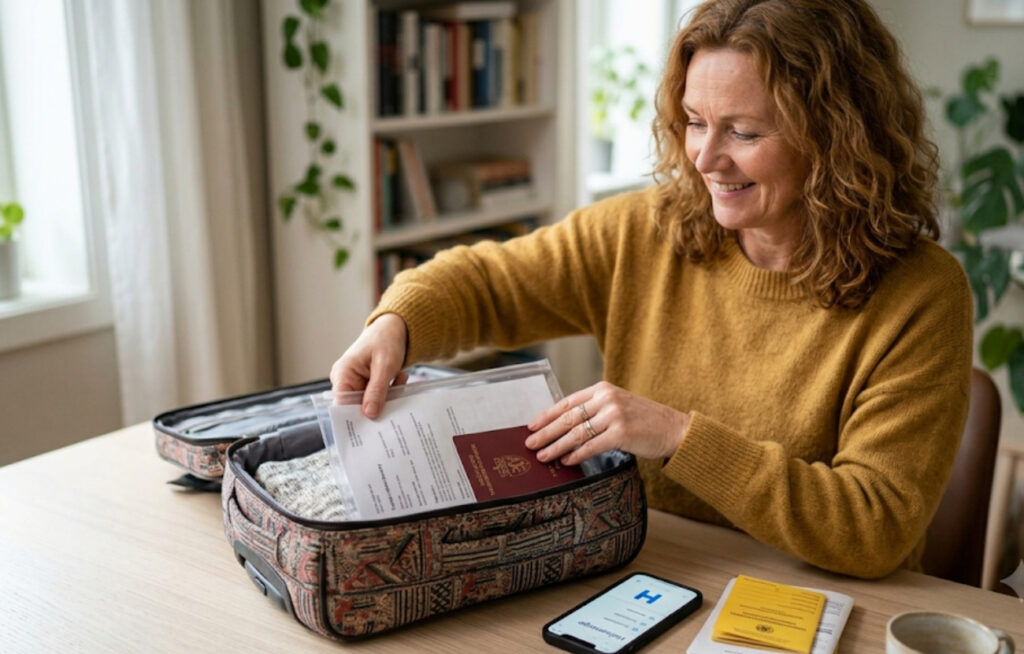 En smilende kvinne i en gul genser sitter ved et bord og pakker pass og reisedokumenter ned i en koffert. Ved siden av ligger en smarttelefon som viser Helsenorge-appen, et gult vaksinekort og en kaffekopp.