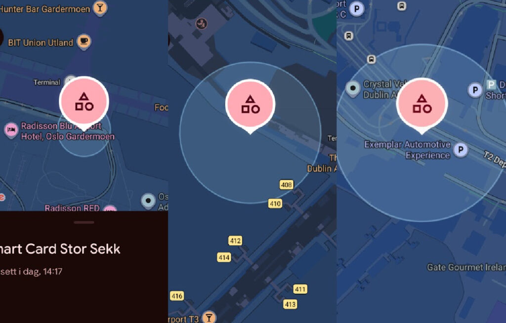 Tre skjermbilder av et digitalt kart som viser sanntidsposisjonen til en sporingsbrikke for bagasjesporing på reise på flyplasser som Gardermoen og Dublin.